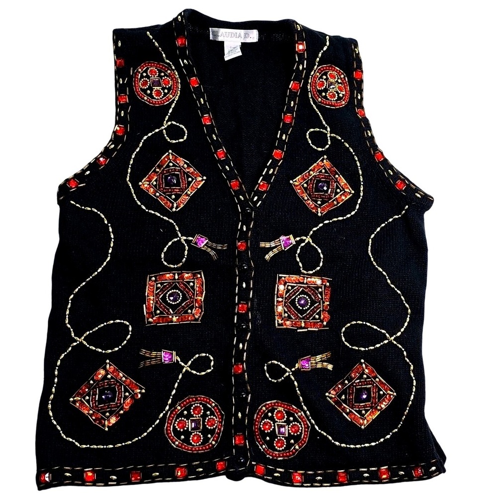 Vintage Claudia D Sweater Vest Black‎ Womens Medium Beaded Sequins Tribal Aztec